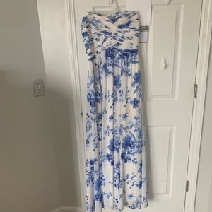 Floral blue and white prom dress